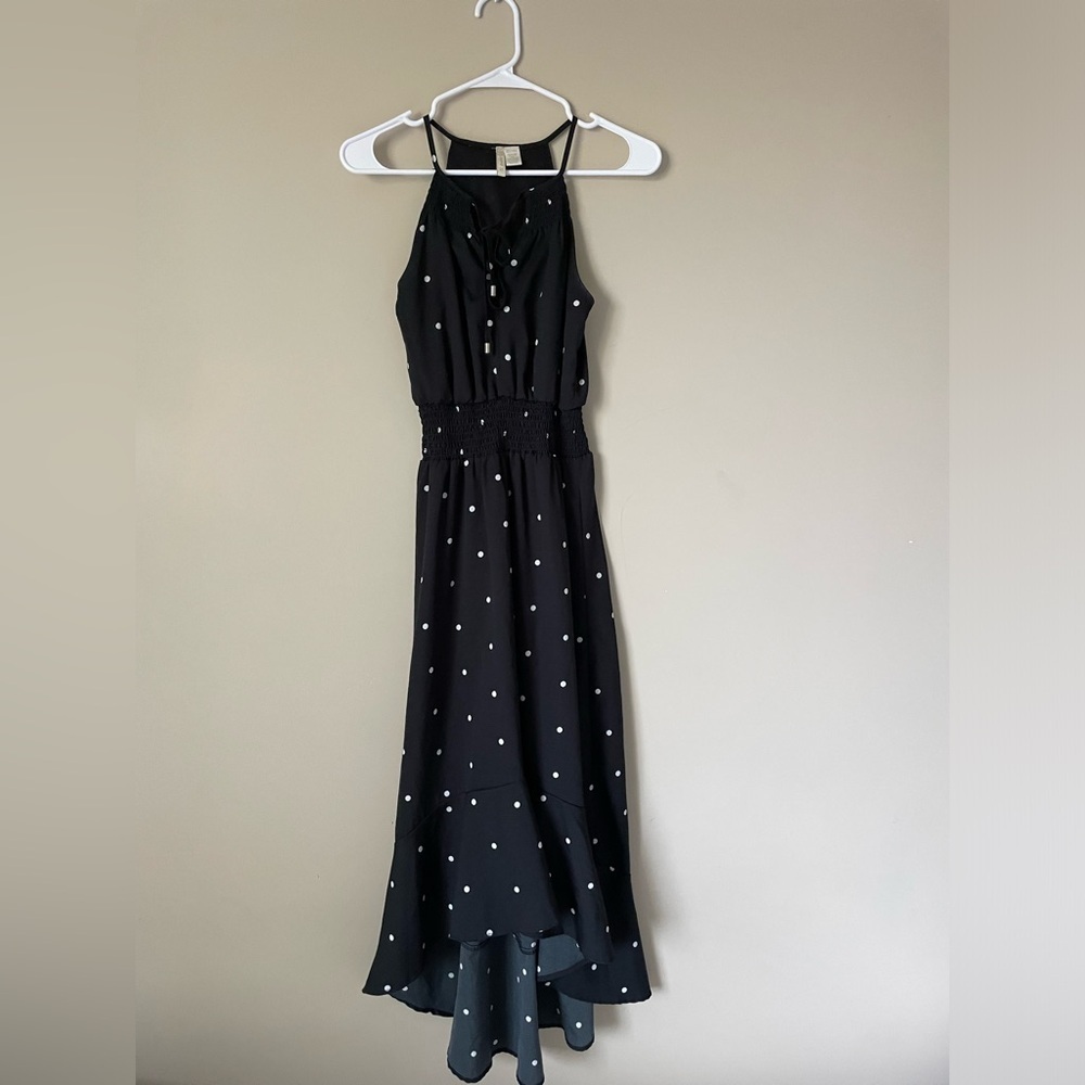 Elegant flowy Black Polka Dot Dress high low maxi dress NWOT small